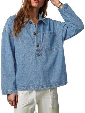 Women’s Light Blue Denim Long Sleeve Button Up V Neck Jean Shirt Top Blouses